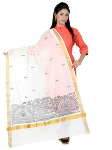 CraftsCollection.in - Off-White Cotton Dupatta with Hand Painted Tribal Art