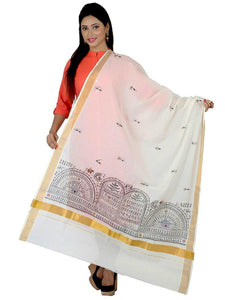 CraftsCollection.in - Off-White Cotton Dupatta with Hand Painted Tribal Art