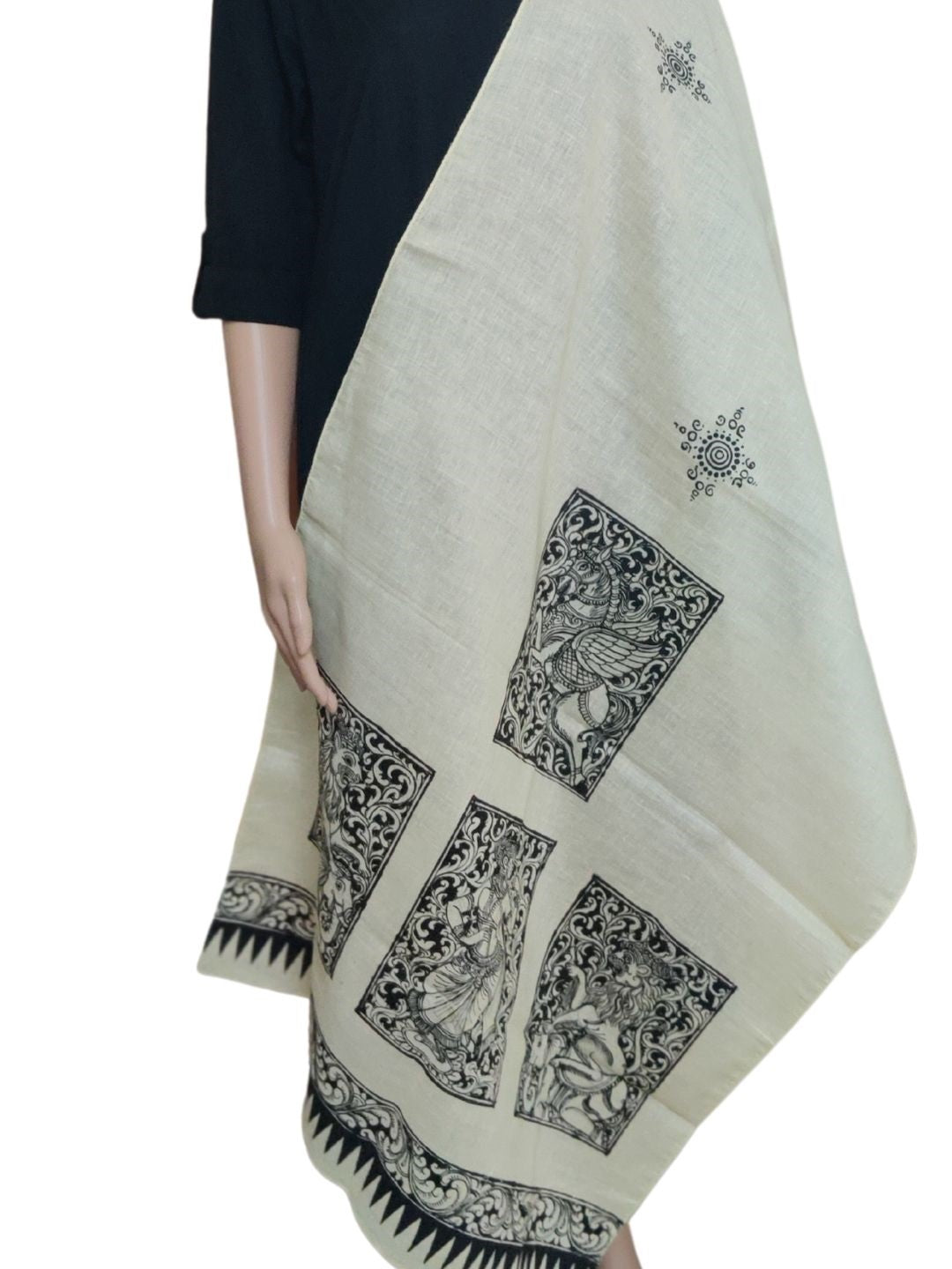 Yellow Cotton Stole with hand painted pattachitra motifs