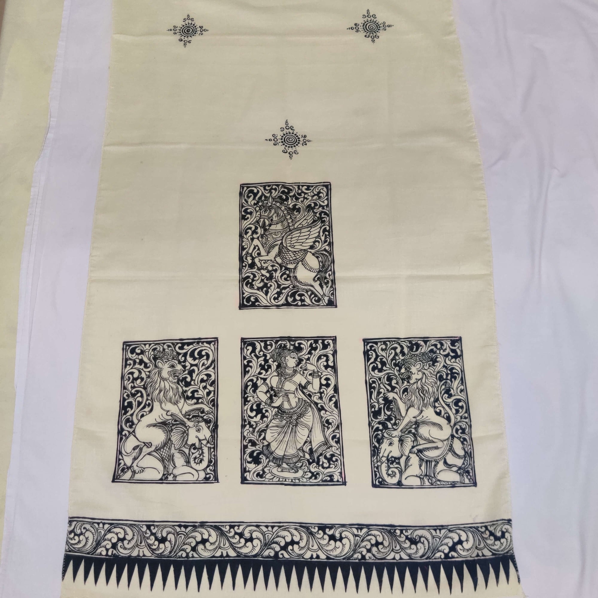 Yellow Cotton Stole with hand painted pattachitra motifs