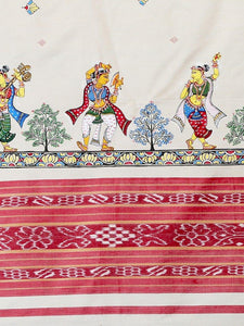 CraftsCollection.in - Beige Sambalpuri Dupatta with Hand Painted Pattachitra Art