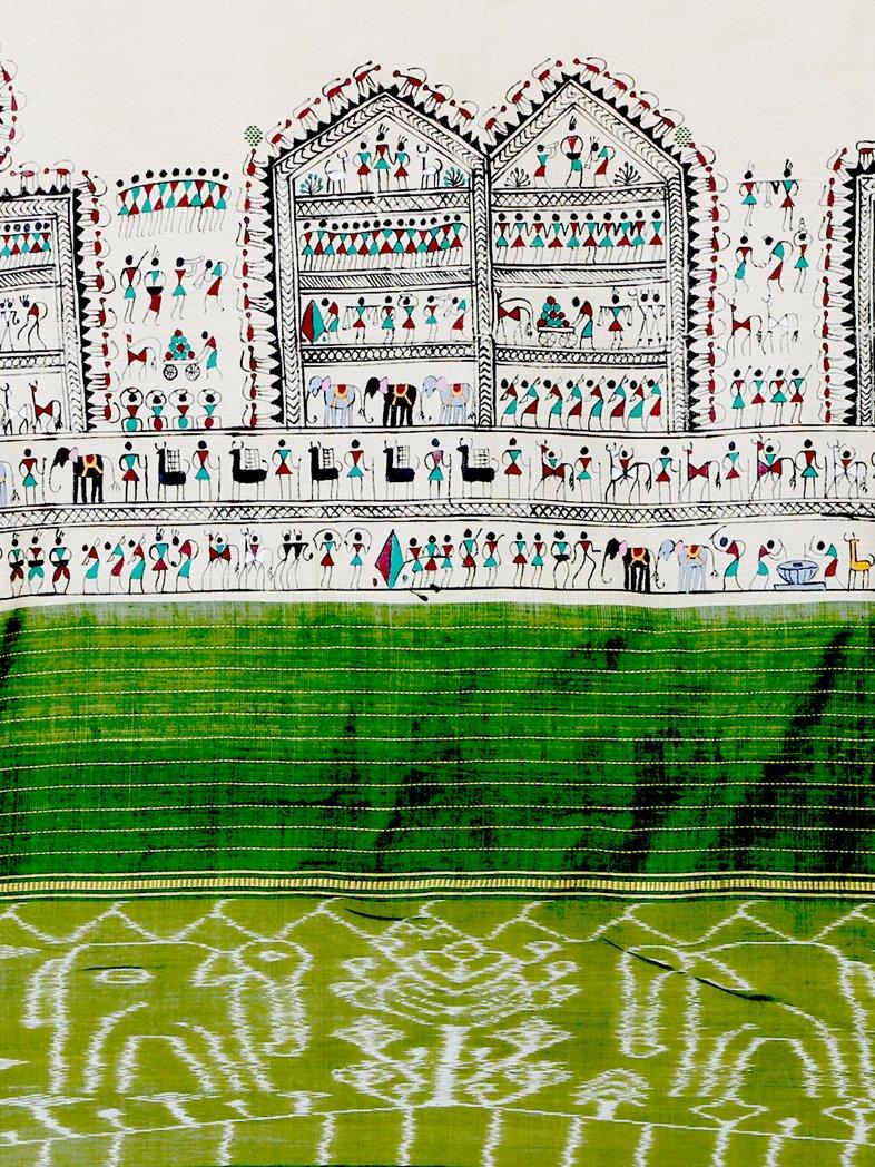CraftsCollection.in - Beige Sambalpuri Dupatta with Hand Painted Tribal Art