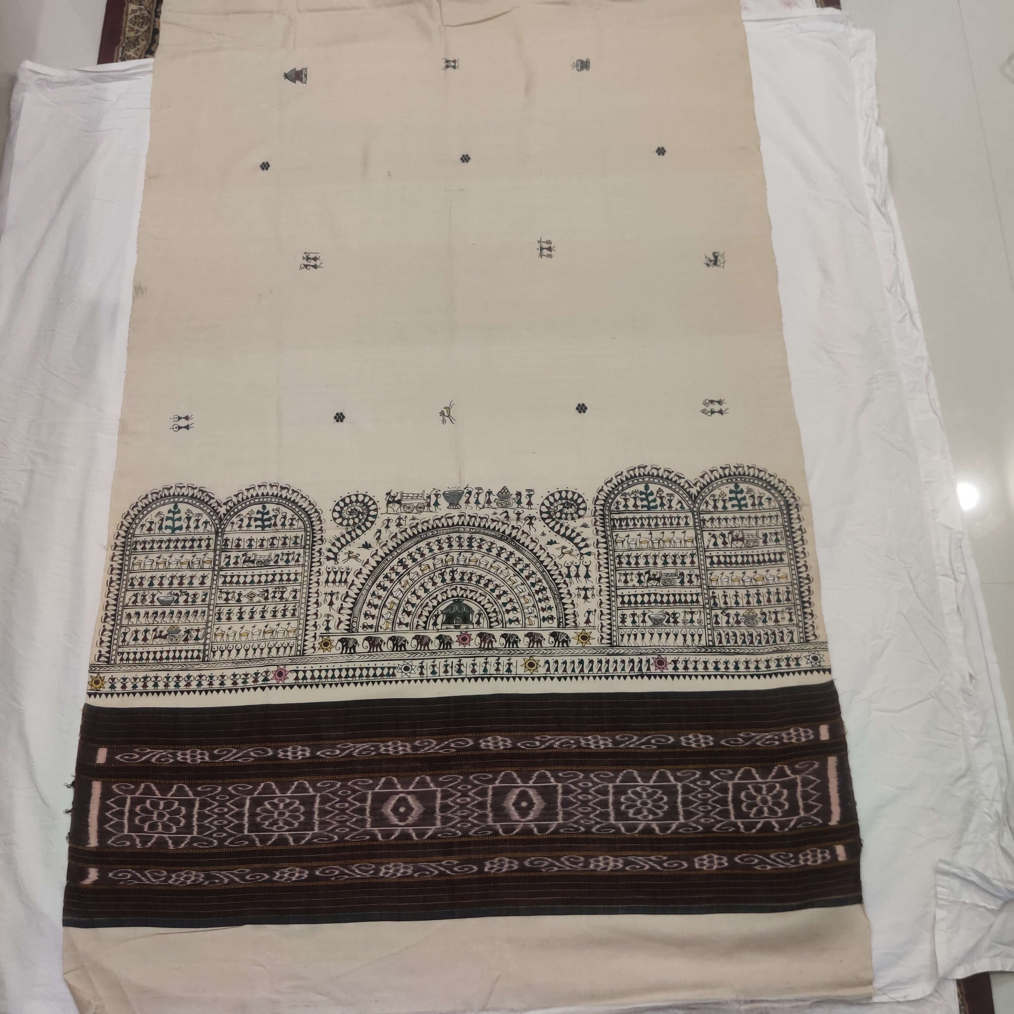 Beige Sambalpuri cotton Dupatta with hand painted tribal art