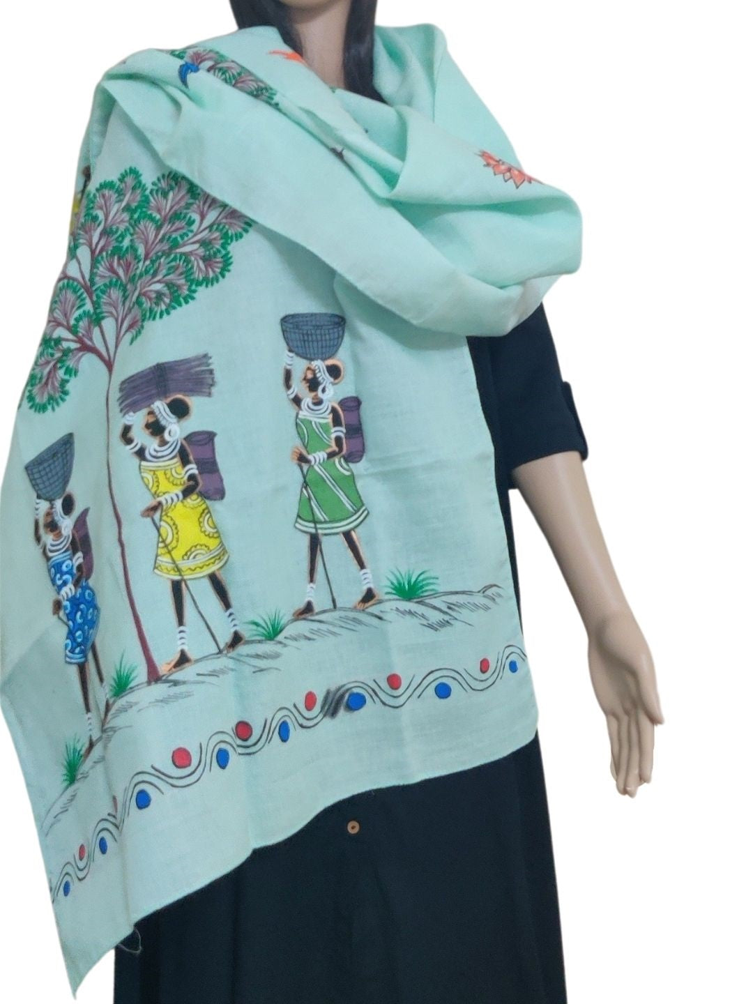 Green Cotton Stole with hand painted tribal motifs