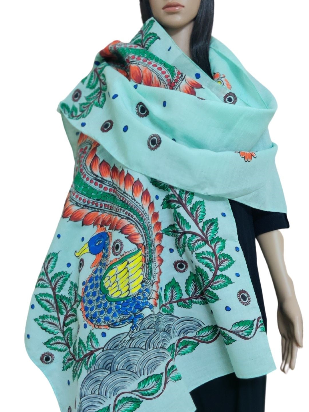 Green Cotton Stole with hand painted pattachitra motifs