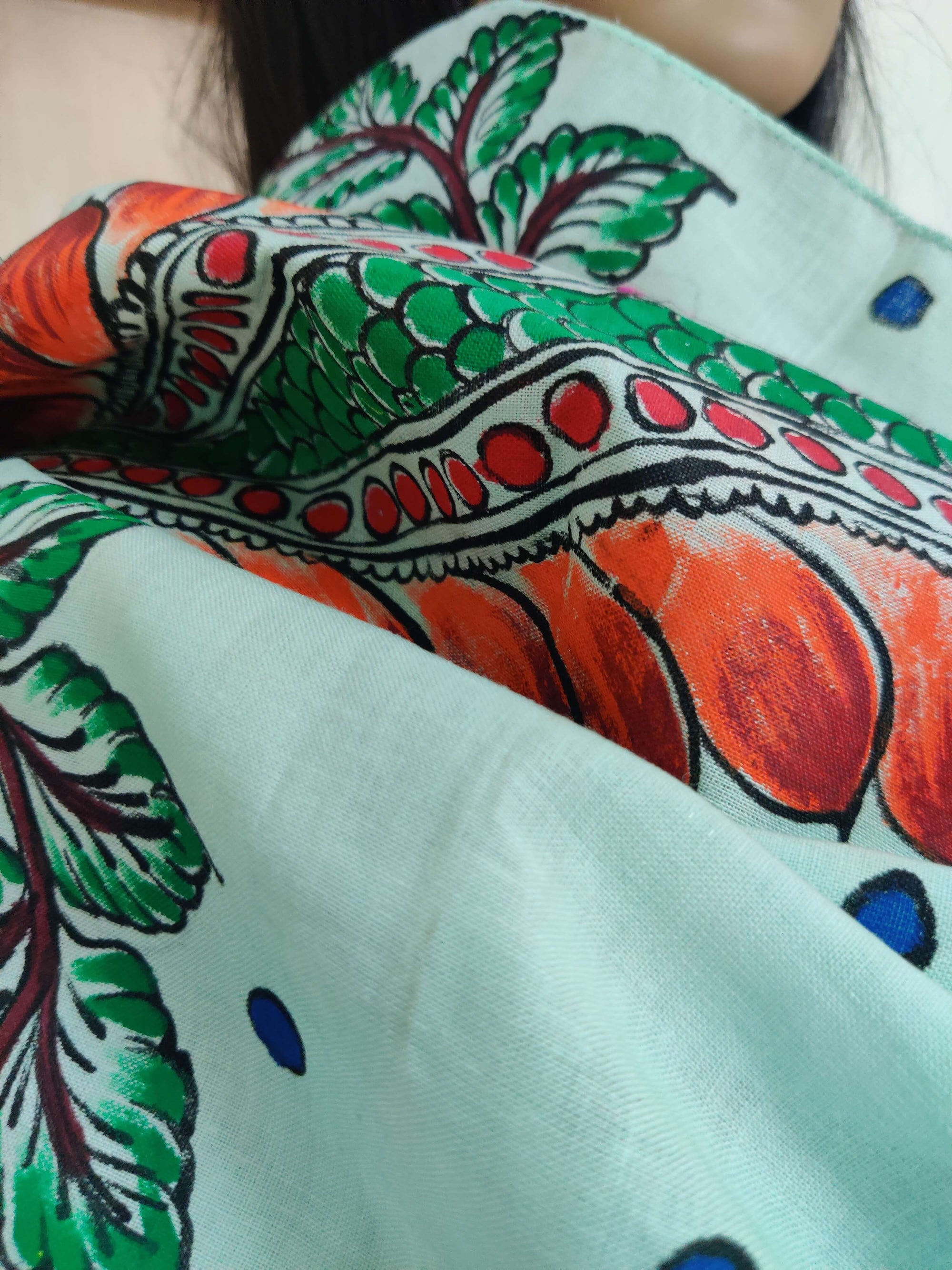 Green Cotton Stole with hand painted pattachitra motifs
