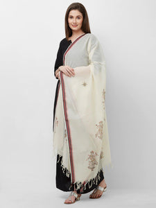 CraftsCollection.in -Offwhite cotton Dupatta with handpainted pattachitra motifs