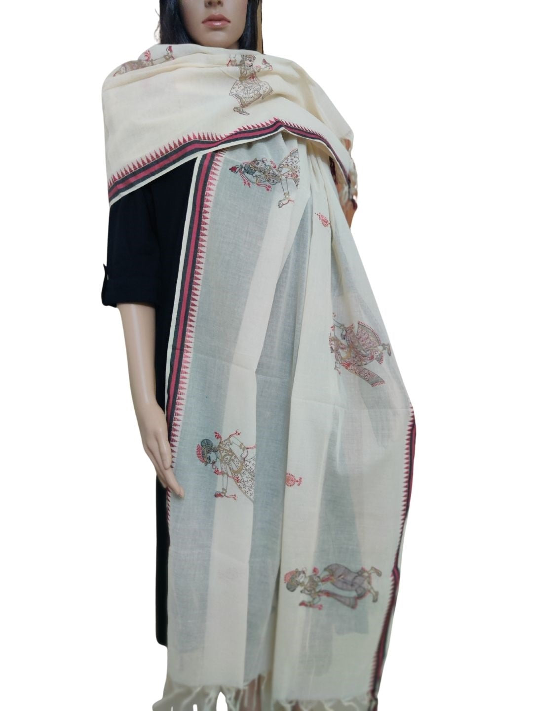 Off-White Cotton Dupatta with hand painted pattachitra motifs