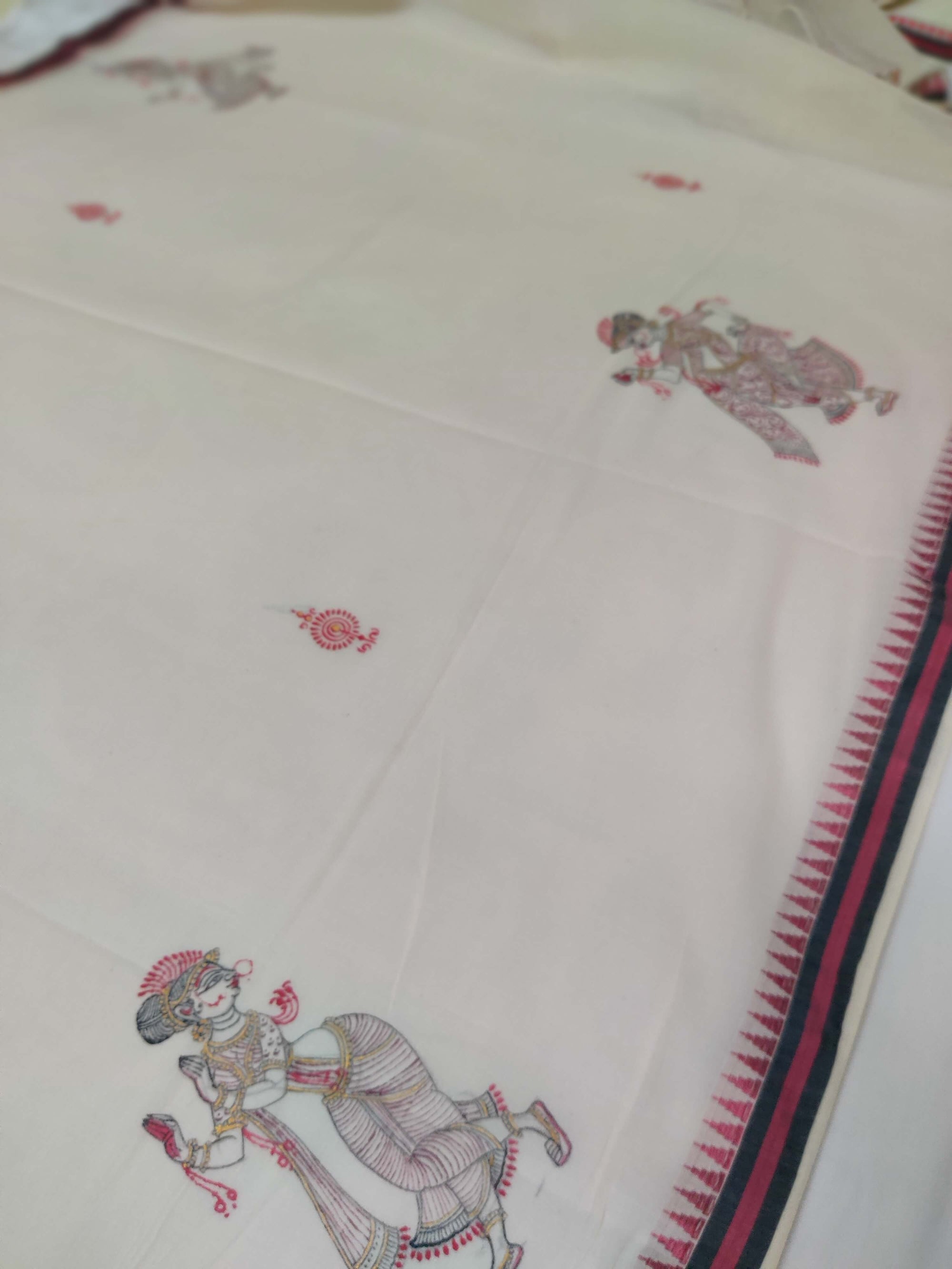 Off-White Cotton Dupatta with hand painted pattachitra motifs