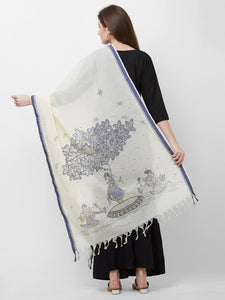CraftsCollection.in -Offwhite cotton Dupatta with handpainted pattachitra motifs