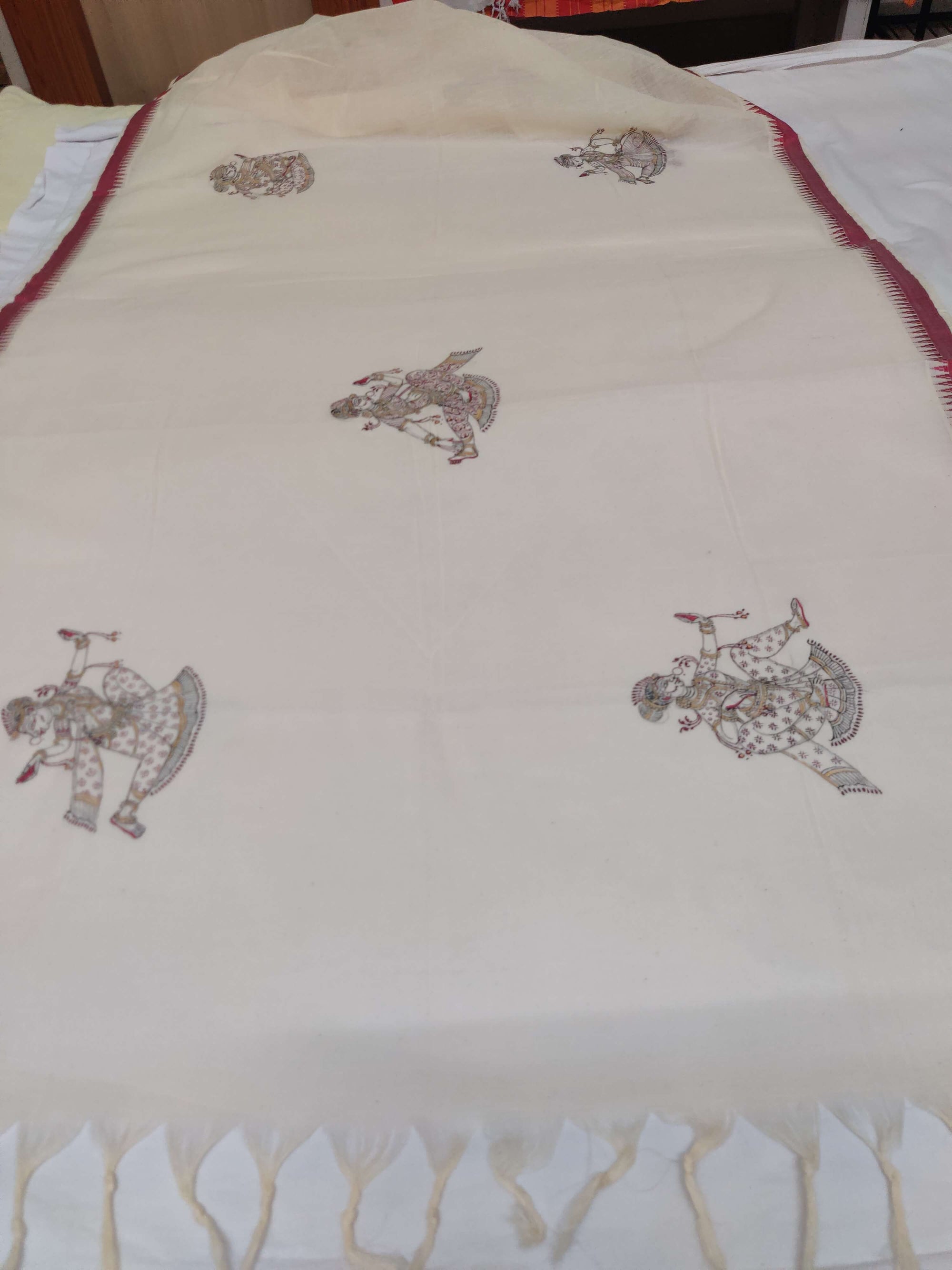 Off-white Cotton Dupatta with hand painted pattachitra motifs
