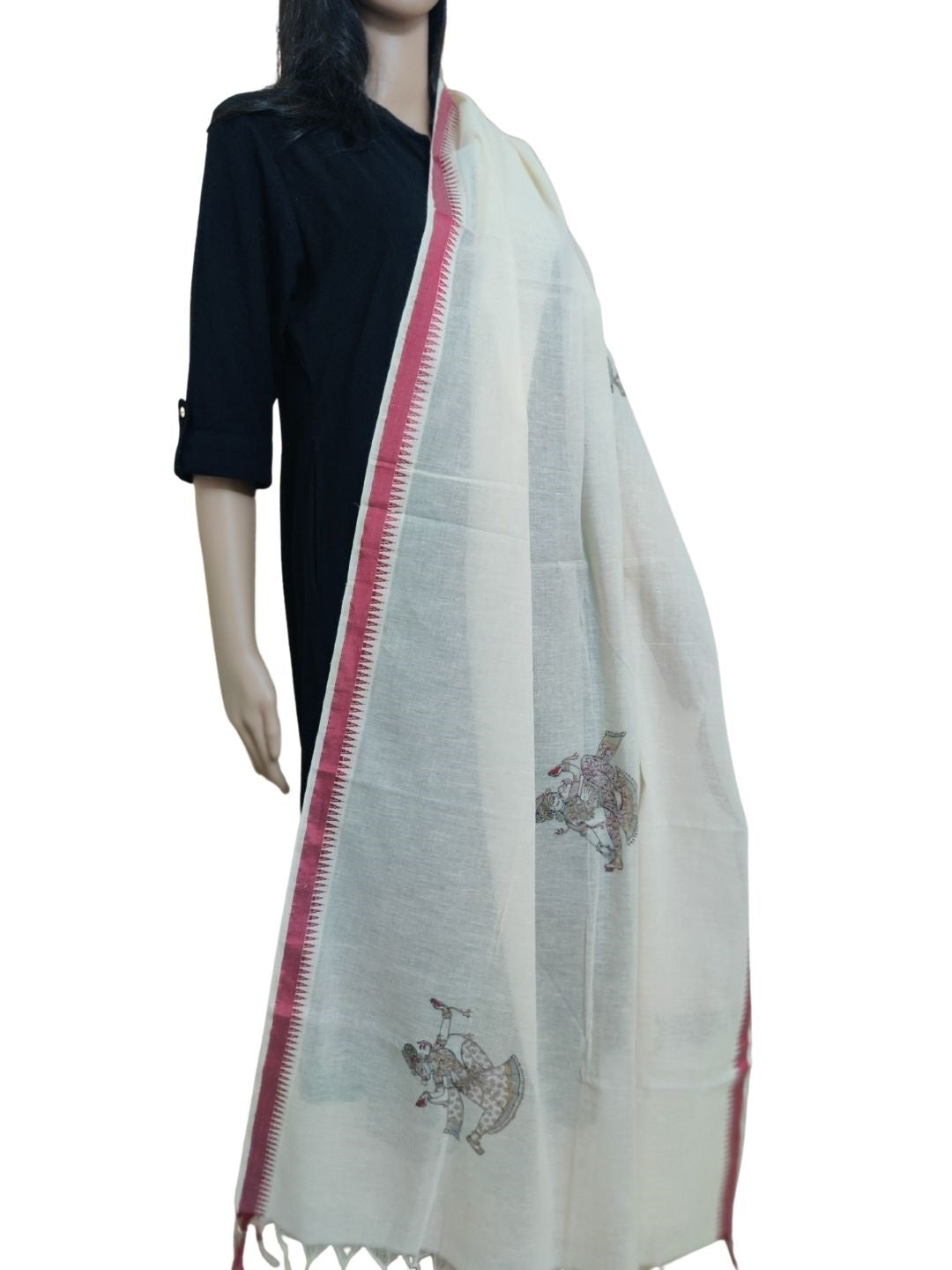 Off-white Cotton Dupatta with hand painted pattachitra motifs