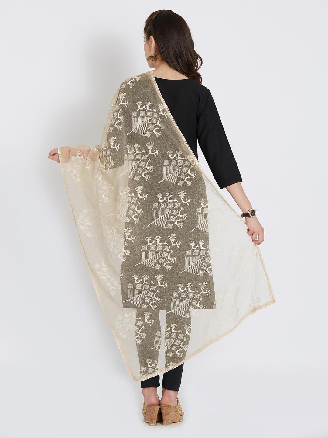 CraftsCollection.in - Beige Jute Dupatta with Tribal Motifs