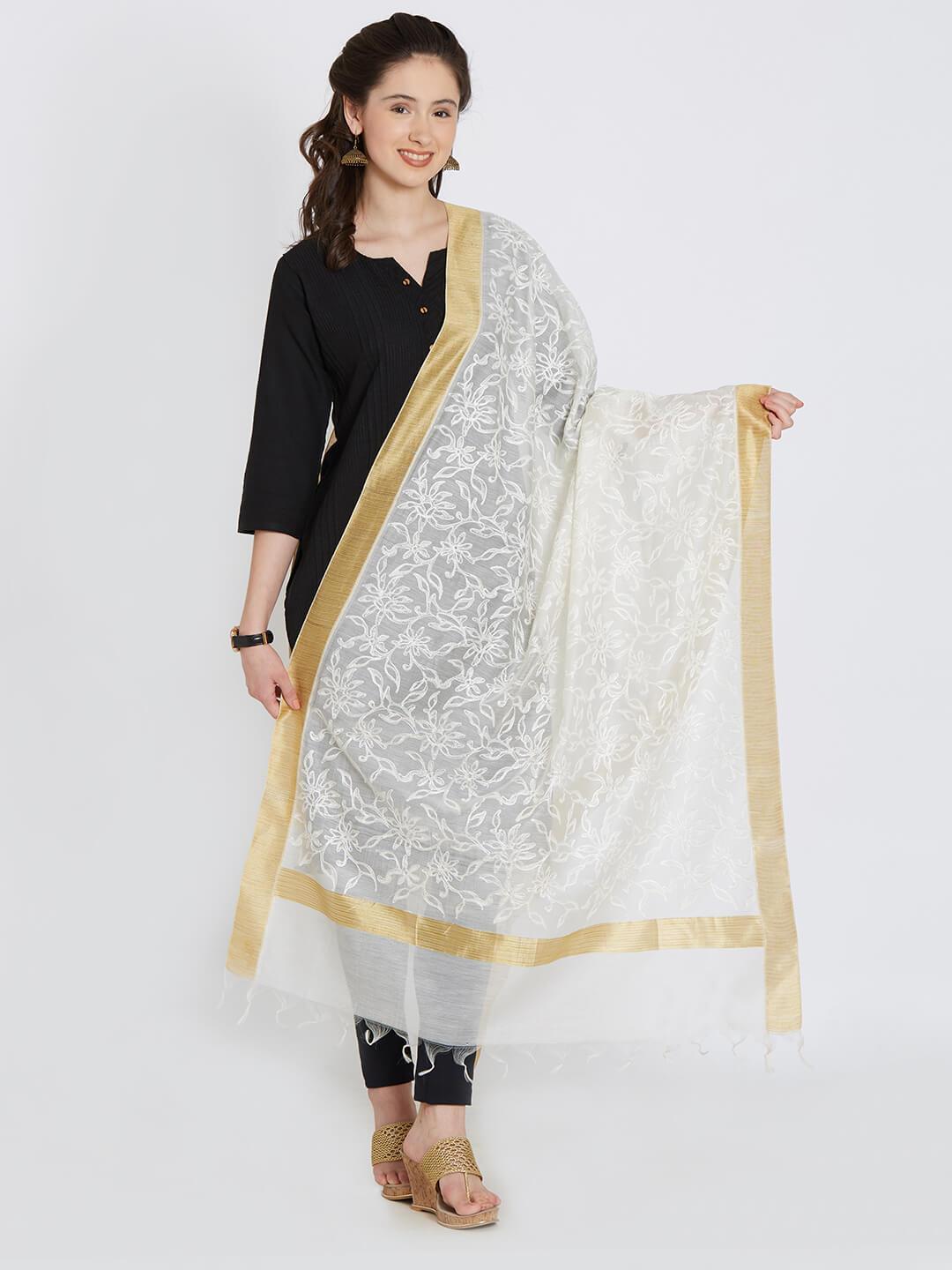 CraftsCollection.in - Off-White Chanderi Dupatta with Embroidery