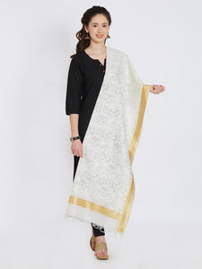 CraftsCollection.in - Off-White Chanderi Dupatta with Embroidery