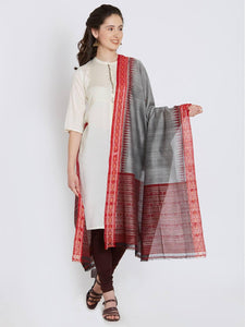 CraftsCollection.in - Grey and Red Cotton Sambalpuri Dupatta