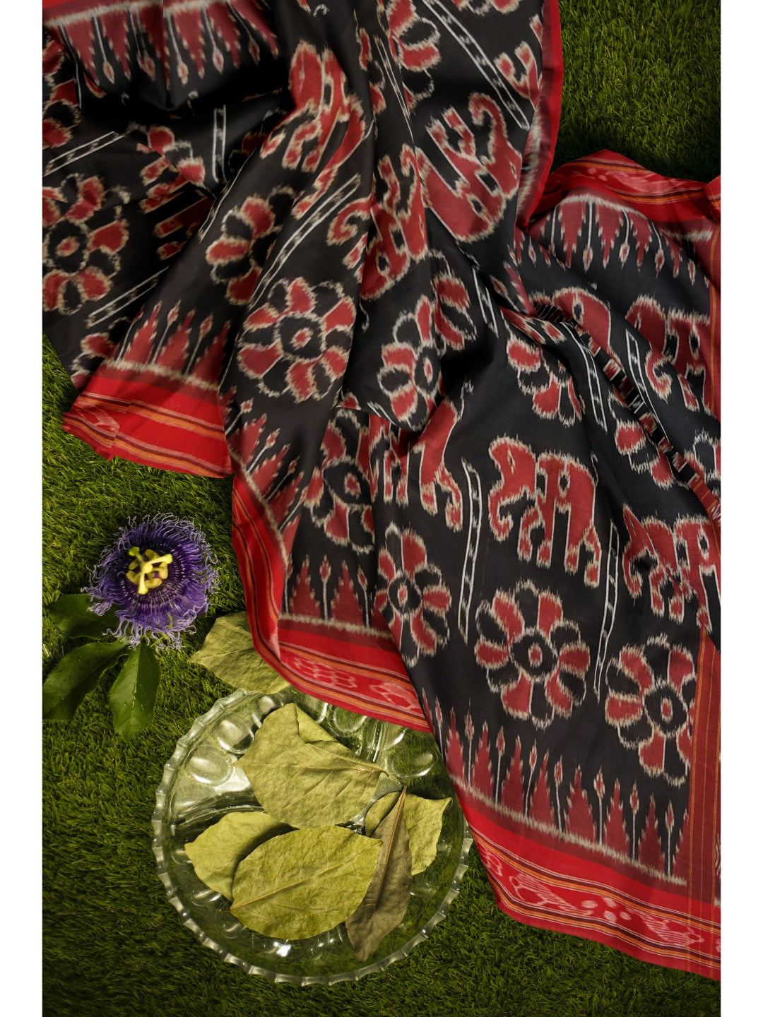 Black and Red Cotton ikat Dupatta with elephant and flower motifs woven