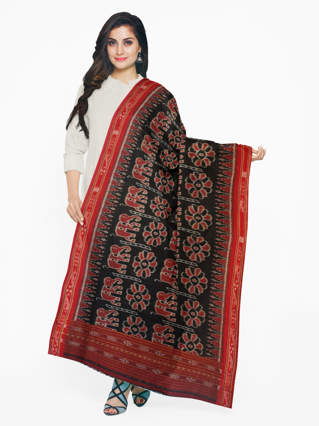 Black and Red Cotton ikat Dupatta with elephant and flower motifs woven