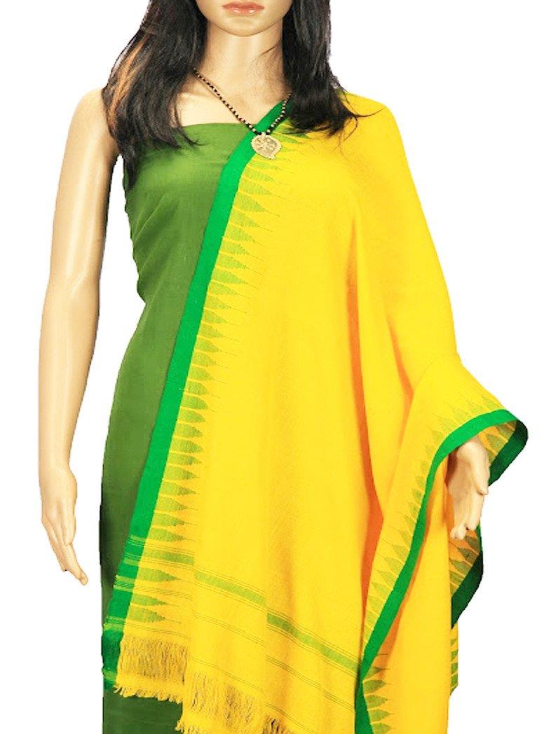 CraftsCollection.in - Woollen Yellow Dupatta with Woven Temple Border