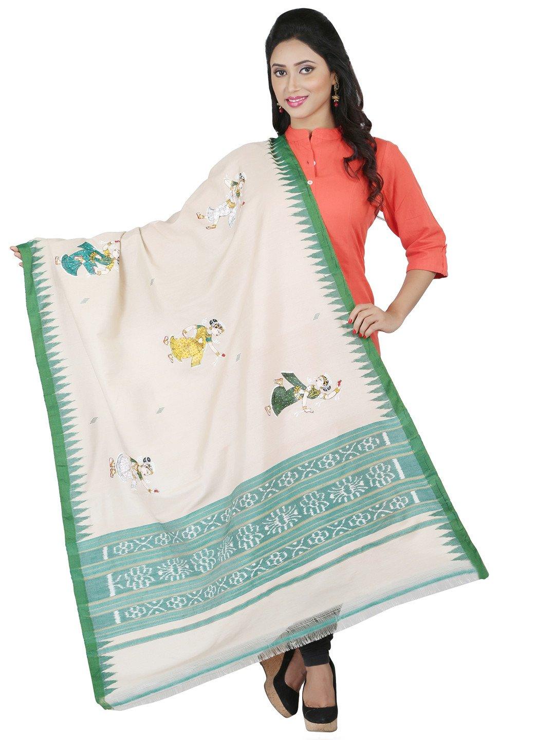 CraftsCollection.in - Beige Tussar Silk Dupatta with Hand Painted Pattachitra Art