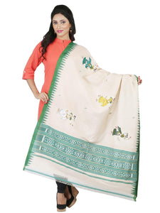 CraftsCollection.in - Beige Tussar Silk Dupatta with Hand Painted Pattachitra Art