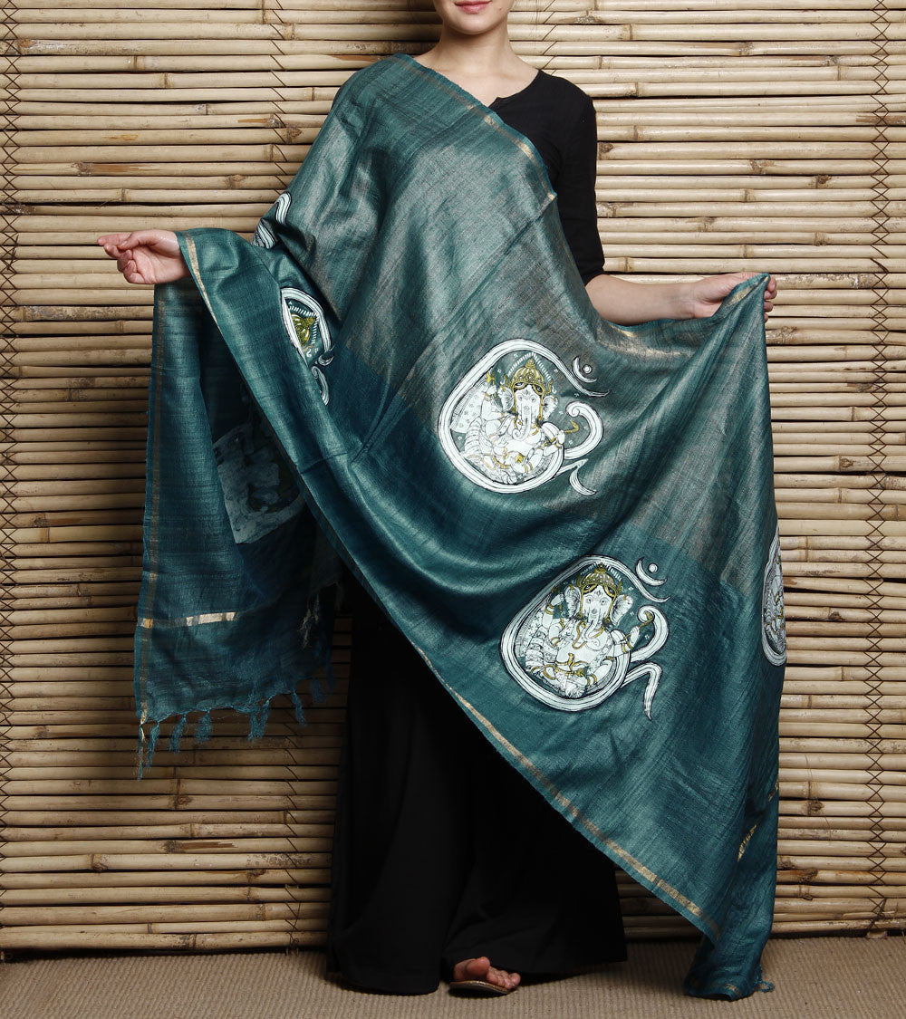 CraftsCollection.in - Green Tussar Ghicha Silk Dupatta with Hand Painted Pattachitra Art