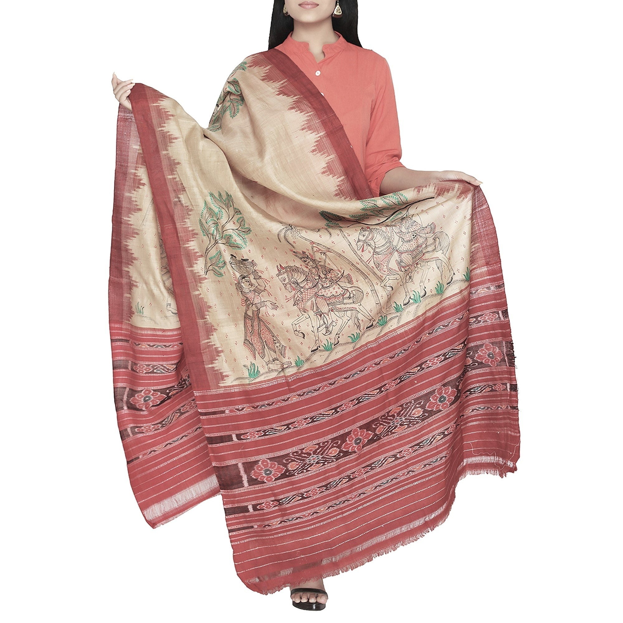 Beige Tussar Silk Sambalpuri Dupatta with hand painted pattachitra motifs