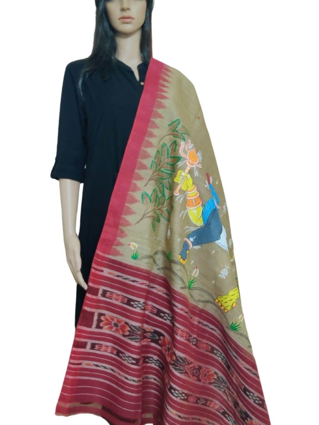 Beige Tussar Silk Sambalpuri Dupatta with handpainted pattachitra motifs