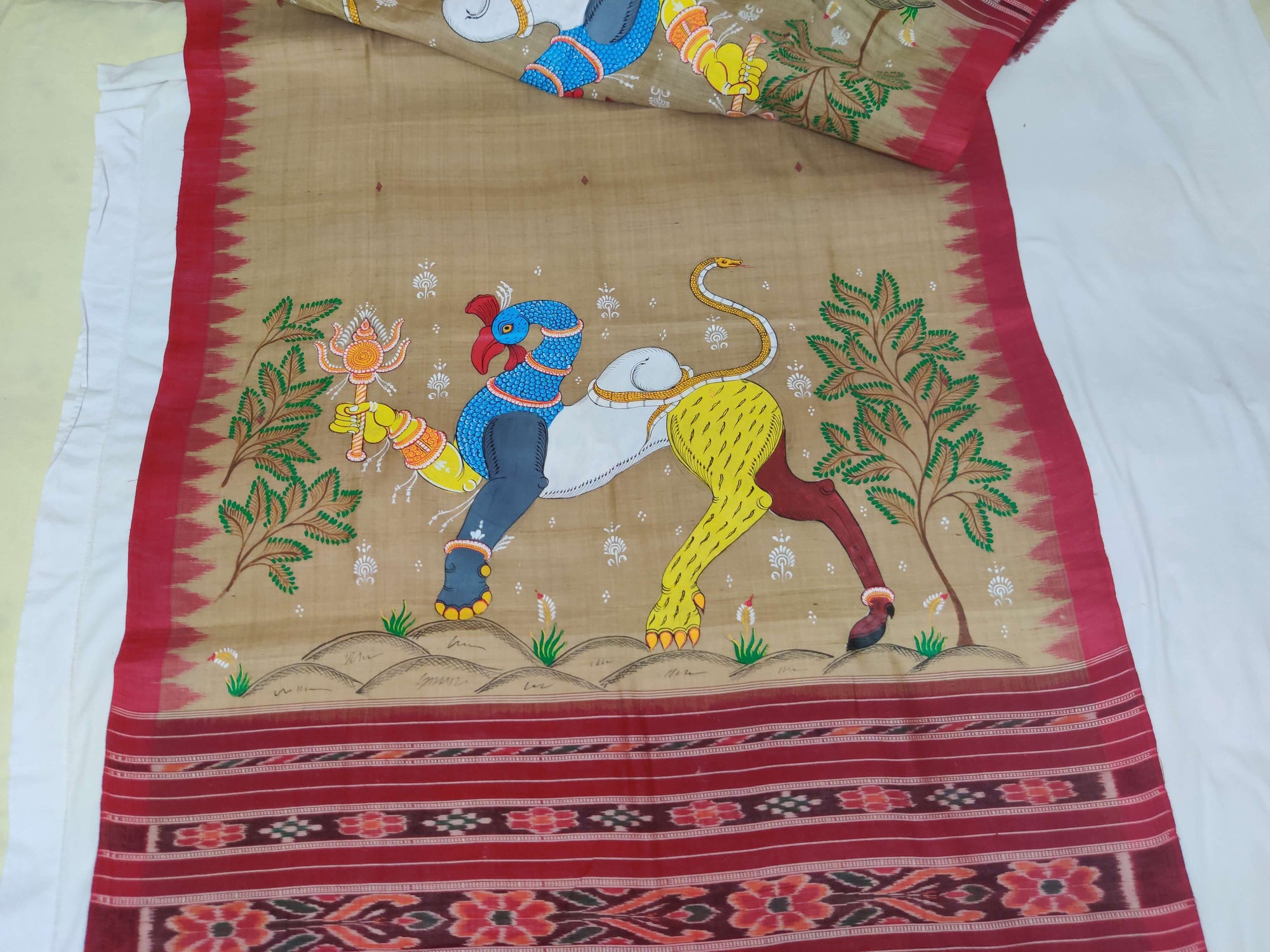 Beige Tussar Silk Sambalpuri Dupatta with handpainted pattachitra motifs