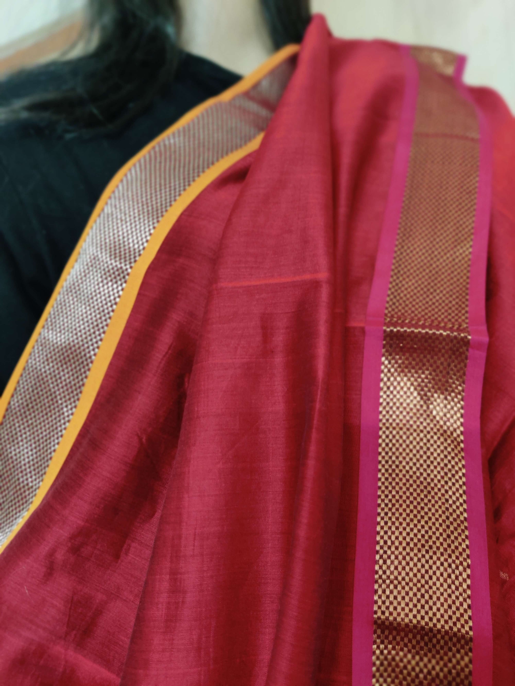 Maroon Maheswari Silk Dupatta with Hand Painted Kalamkari Art