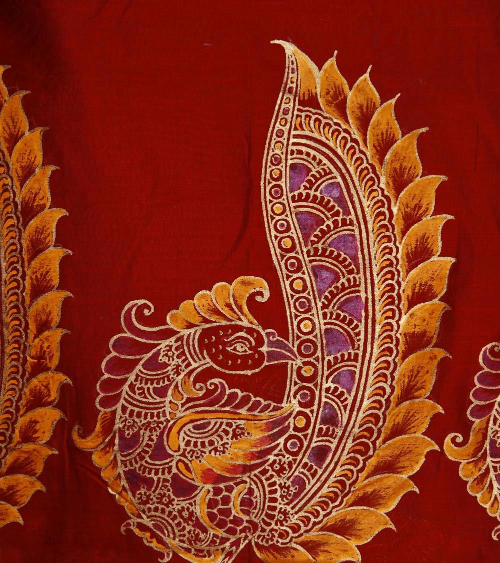 Maroon Maheswari Silk Dupatta with Hand Painted Kalamkari Art