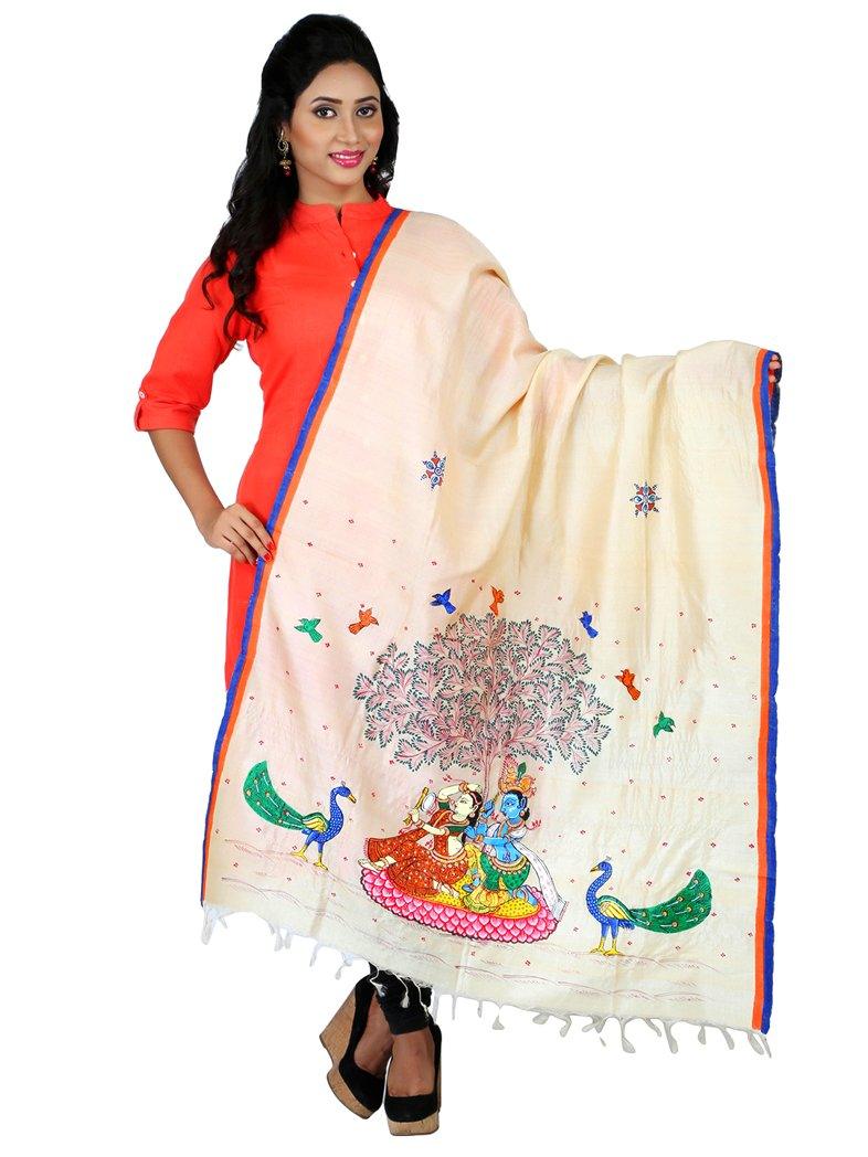 CraftsCollection.in - Tussar Silk  Dupatta with Hand Painted Pattachitra Art