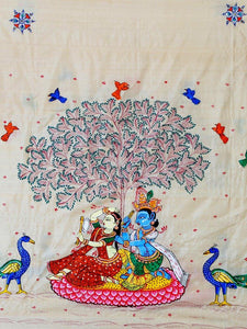 CraftsCollection.in - Tussar Silk  Dupatta with Hand Painted Pattachitra Art