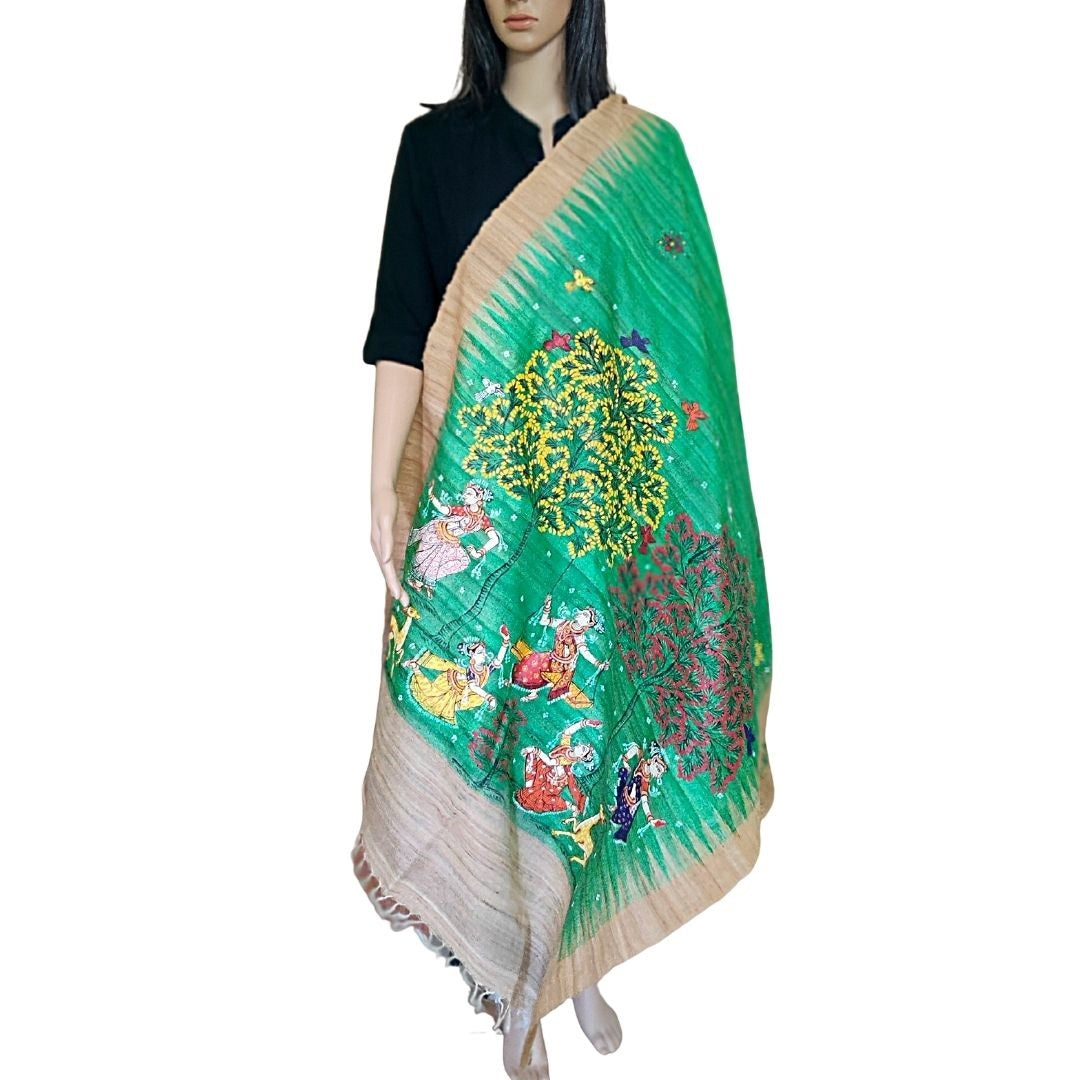 Green Tussar Silk Dupatta with handpainted Pattachitra Motifs