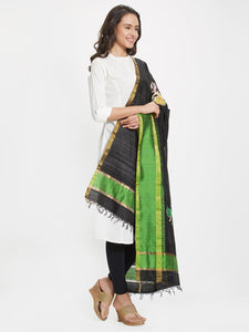Black and Green Tussar Silk Dupatta with handpainted pattachitra motifs - Crafts Collection