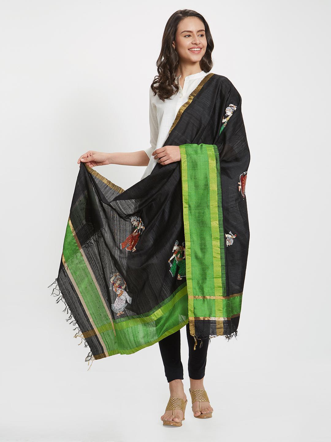 Black and Green Tussar Silk Dupatta with handpainted pattachitra motifs - Crafts Collection