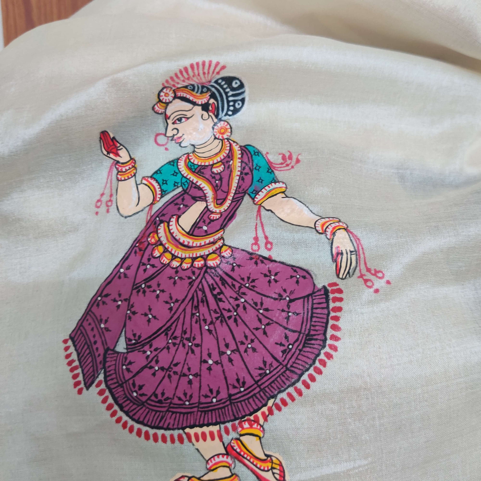 Off White Tussar Silk Dupatta with handpainted Pattachitra Motifs