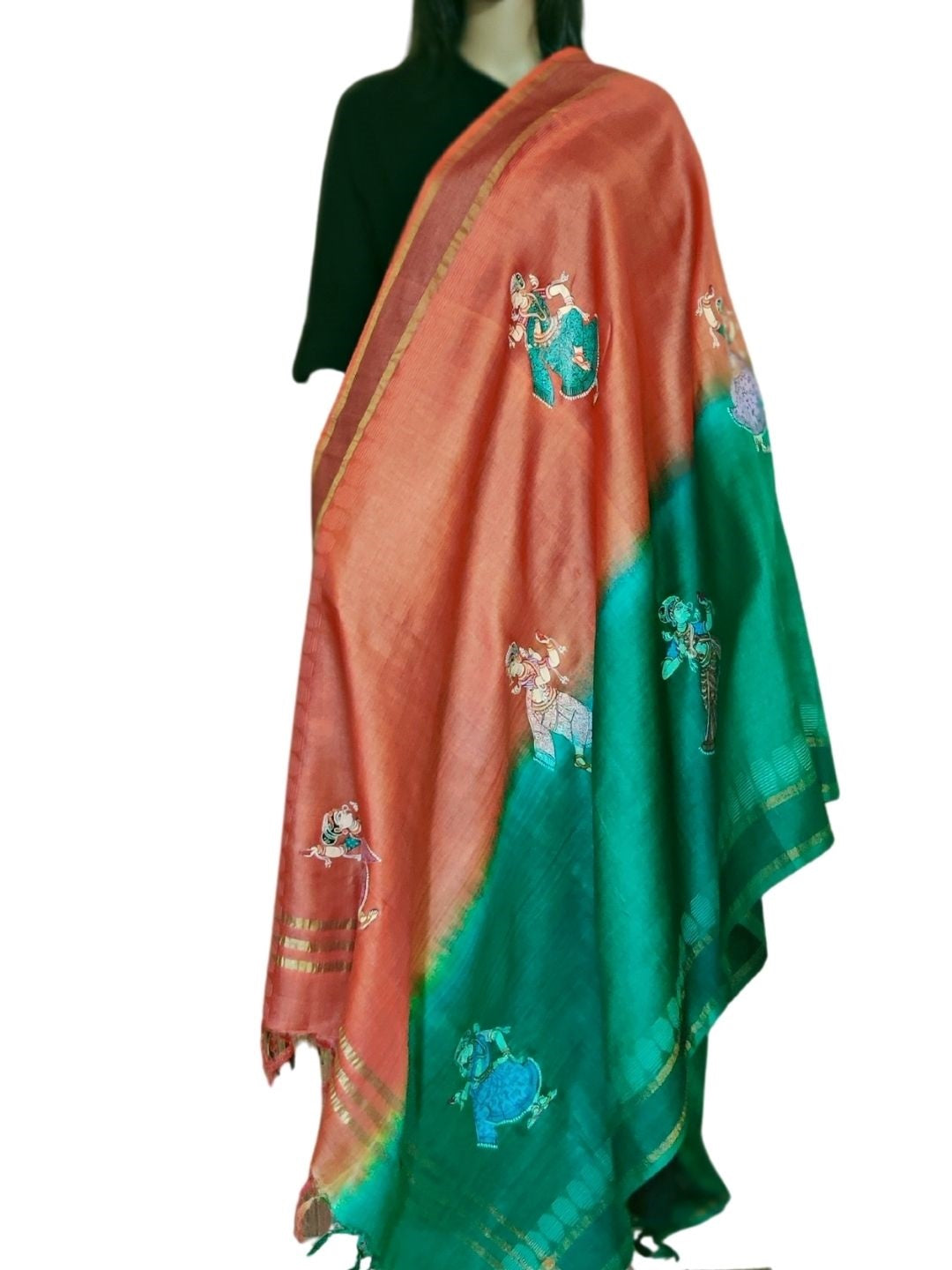 Orange and Green half half  Tussar Silk Dupatta with handpainted Pattachitra Motifs