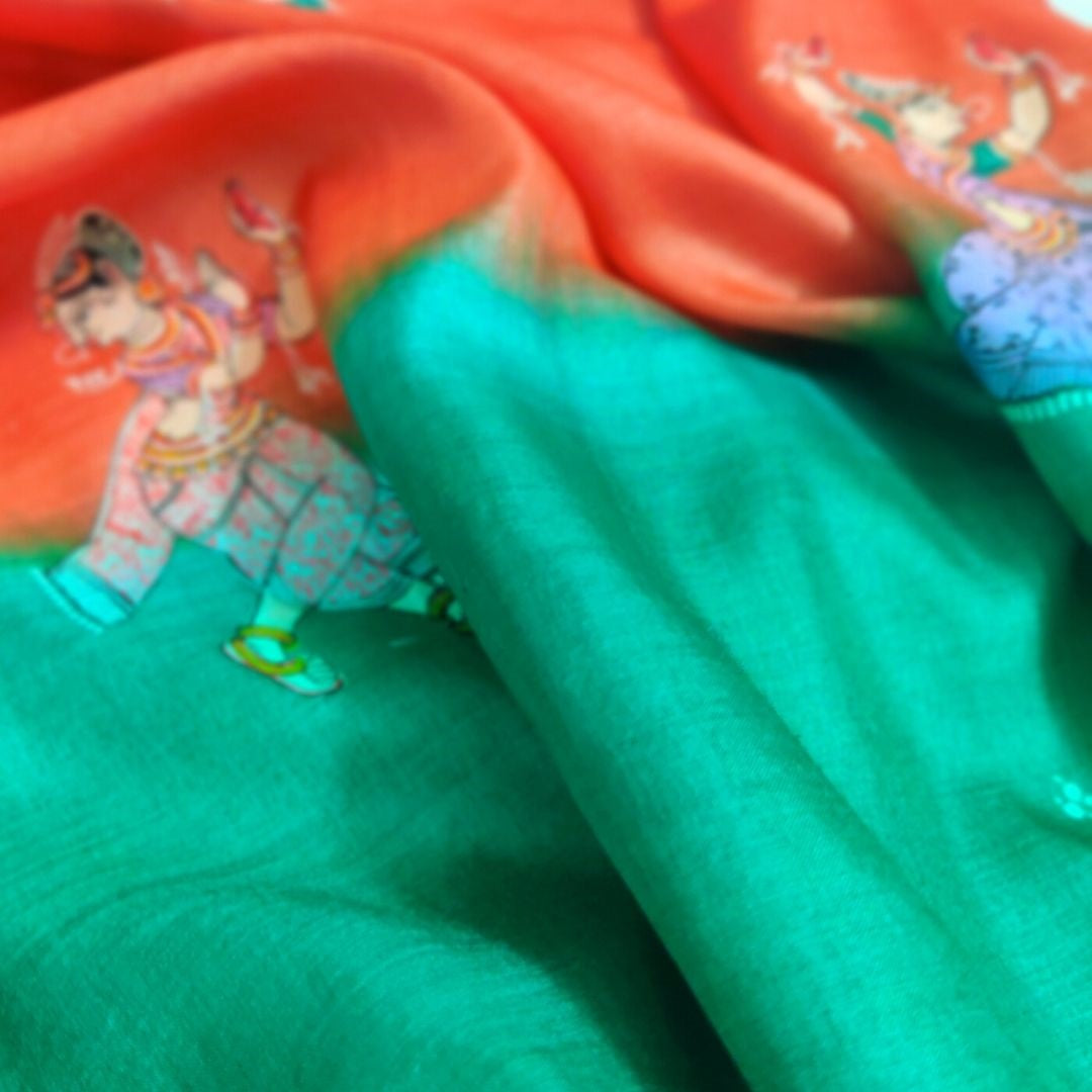 Orange and Green half half  Tussar Silk Dupatta with handpainted Pattachitra Motifs