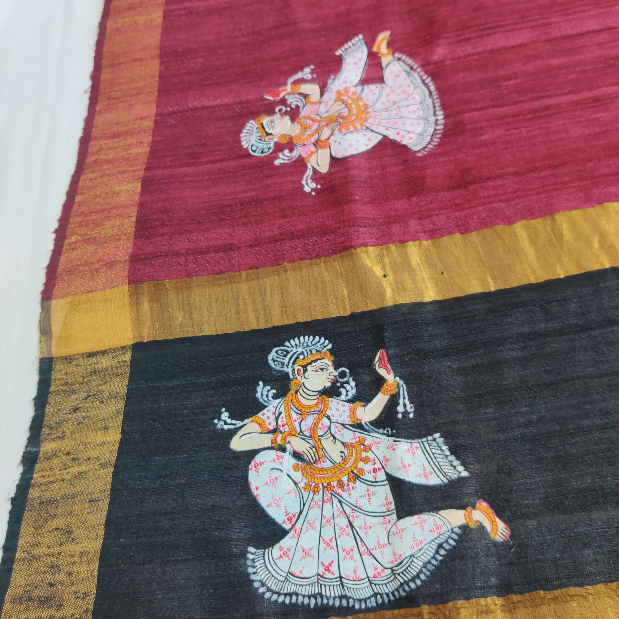 Maroon Tussar Silk Dupatta with handpainted Pattachitra Motifs