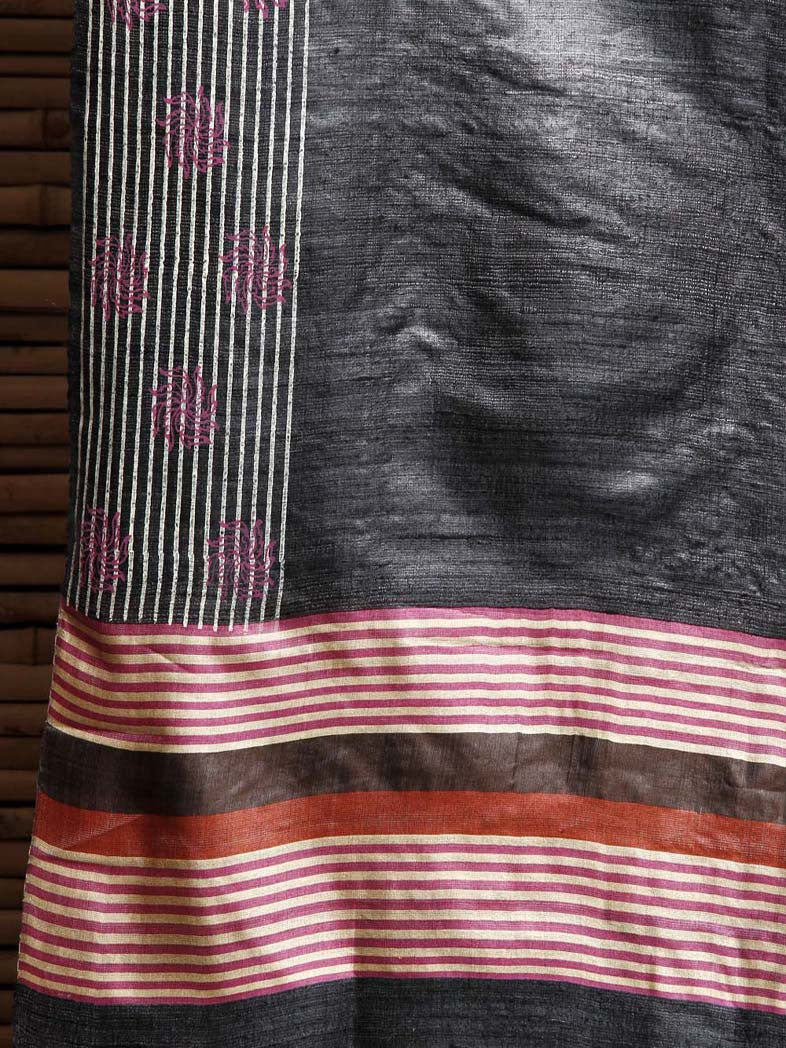 CraftsCollection.in - Black Tussar Silk Handloom Dupatta