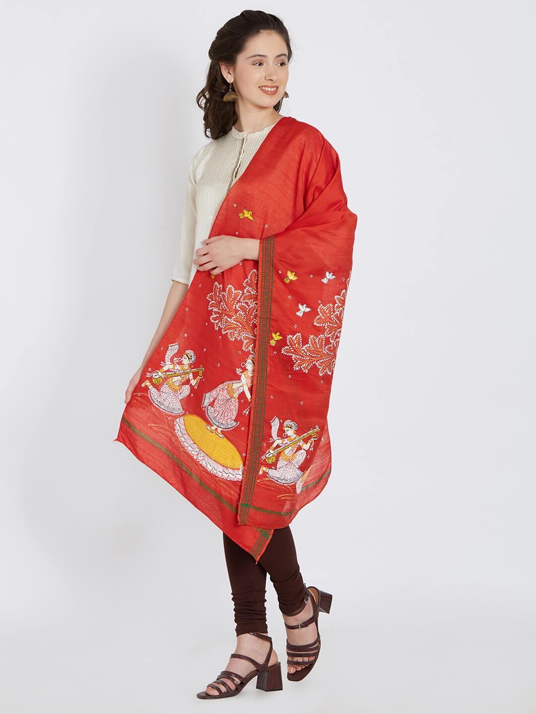 CraftsCollection.in - Red Silk Stole with Pattachitra Motifs