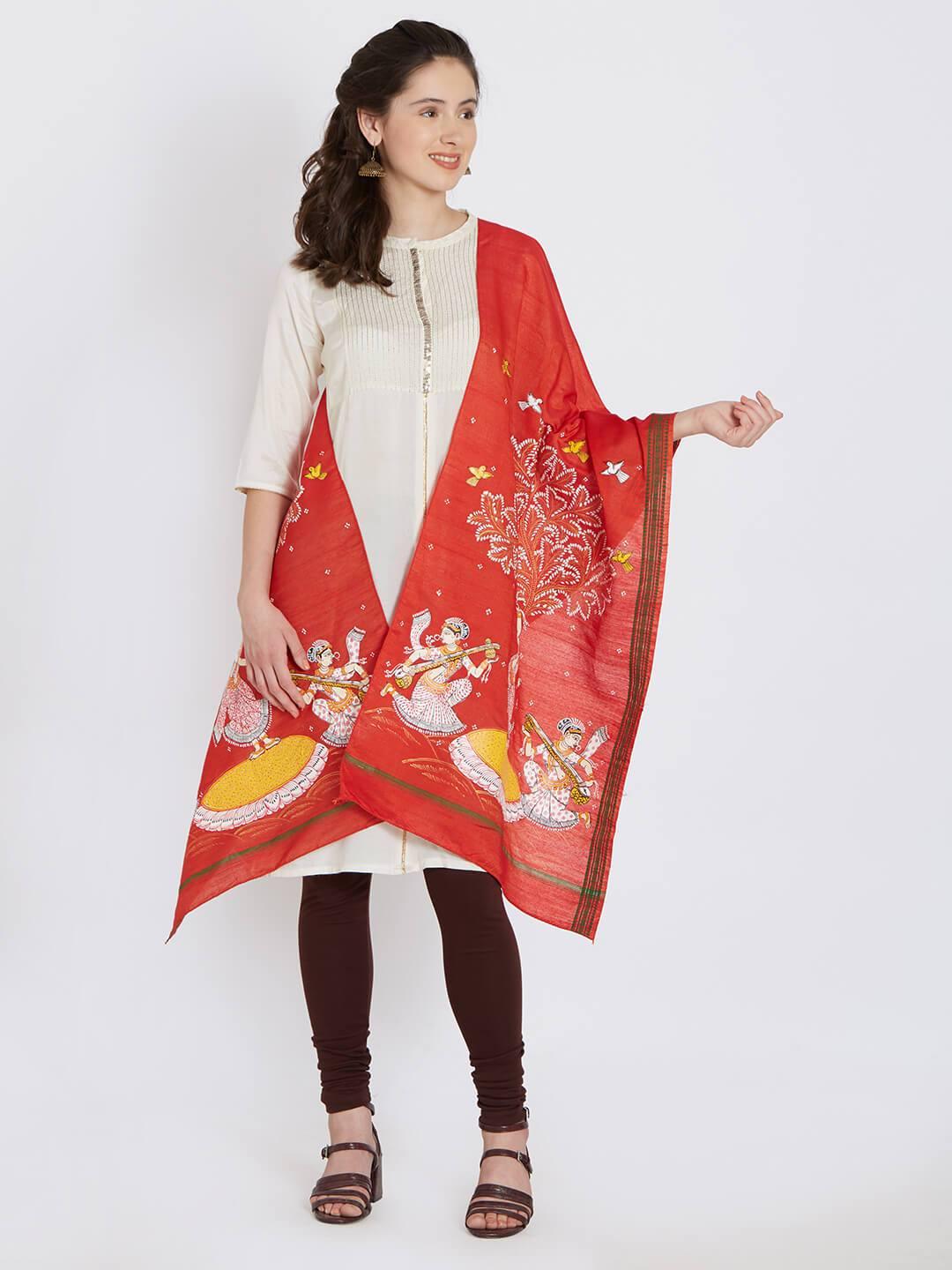 CraftsCollection.in - Red Silk Stole with Pattachitra Motifs