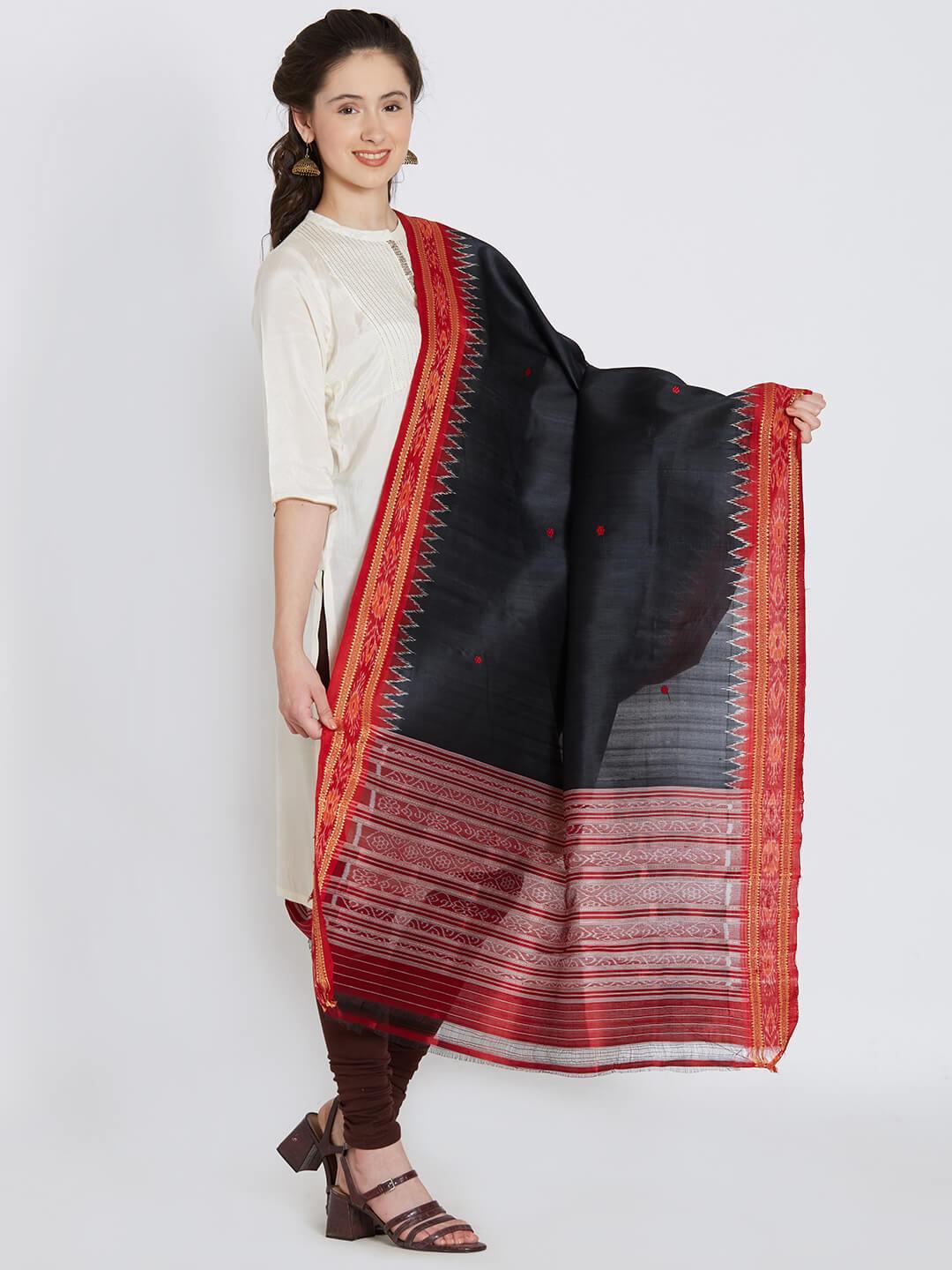CraftsCollection.in - Black and Red Khandua Silk Dupatta