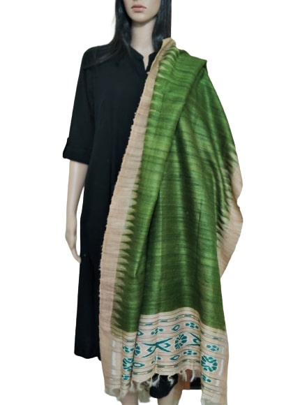 Green and Beige Tussar Ghicha Silk Sambalpuri Dupatta