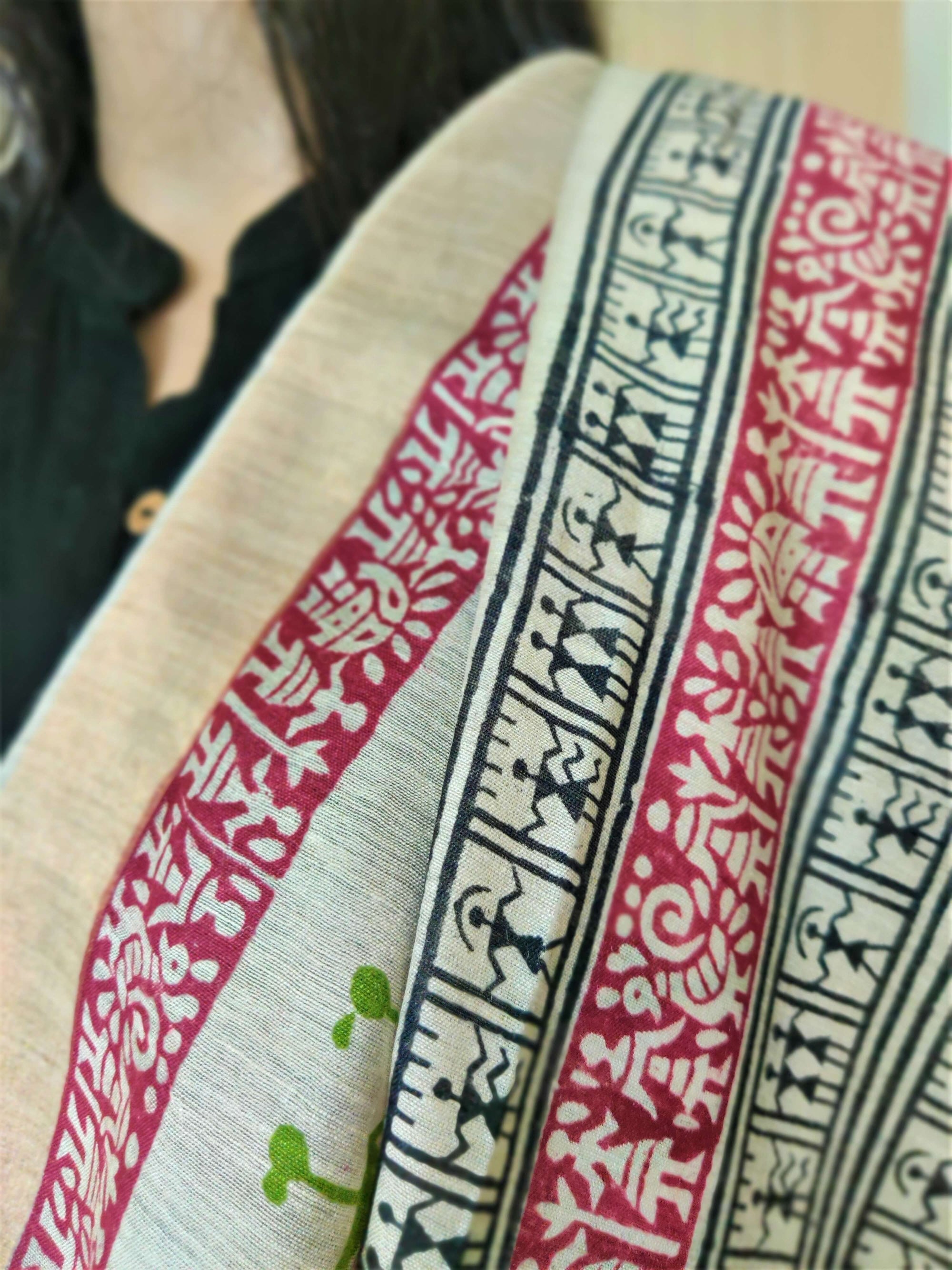 Off-white Tussar Silk Dupatta with hand block print