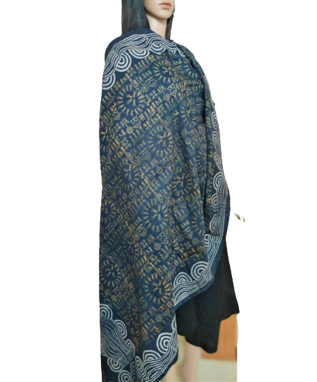 Blue Tussar Silk Sambalpuri Dupatta with hand block print