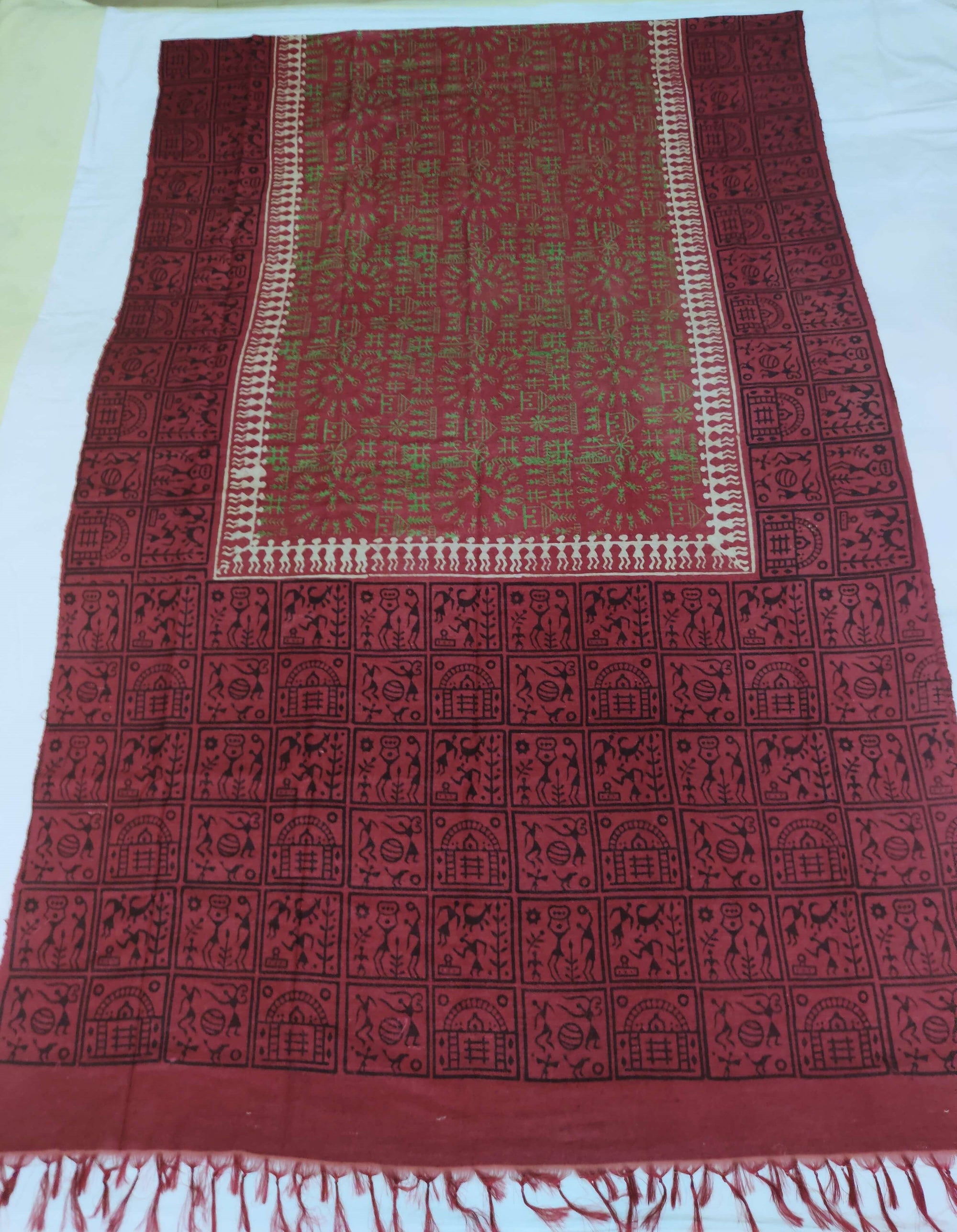 Maroon Tussar Silk Sambalpuri Dupatta with hand block print