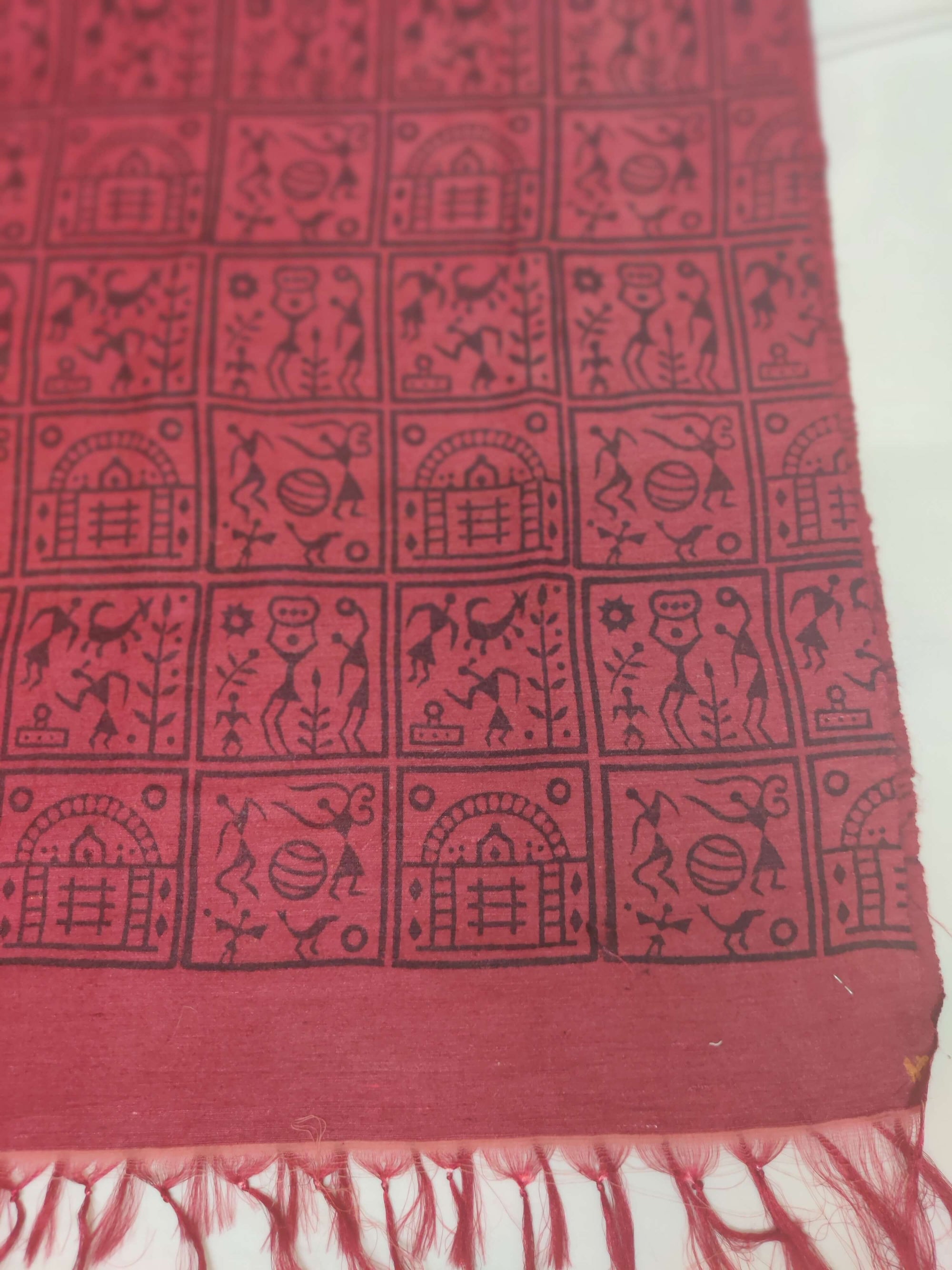 Maroon Tussar Silk Sambalpuri Dupatta with hand block print