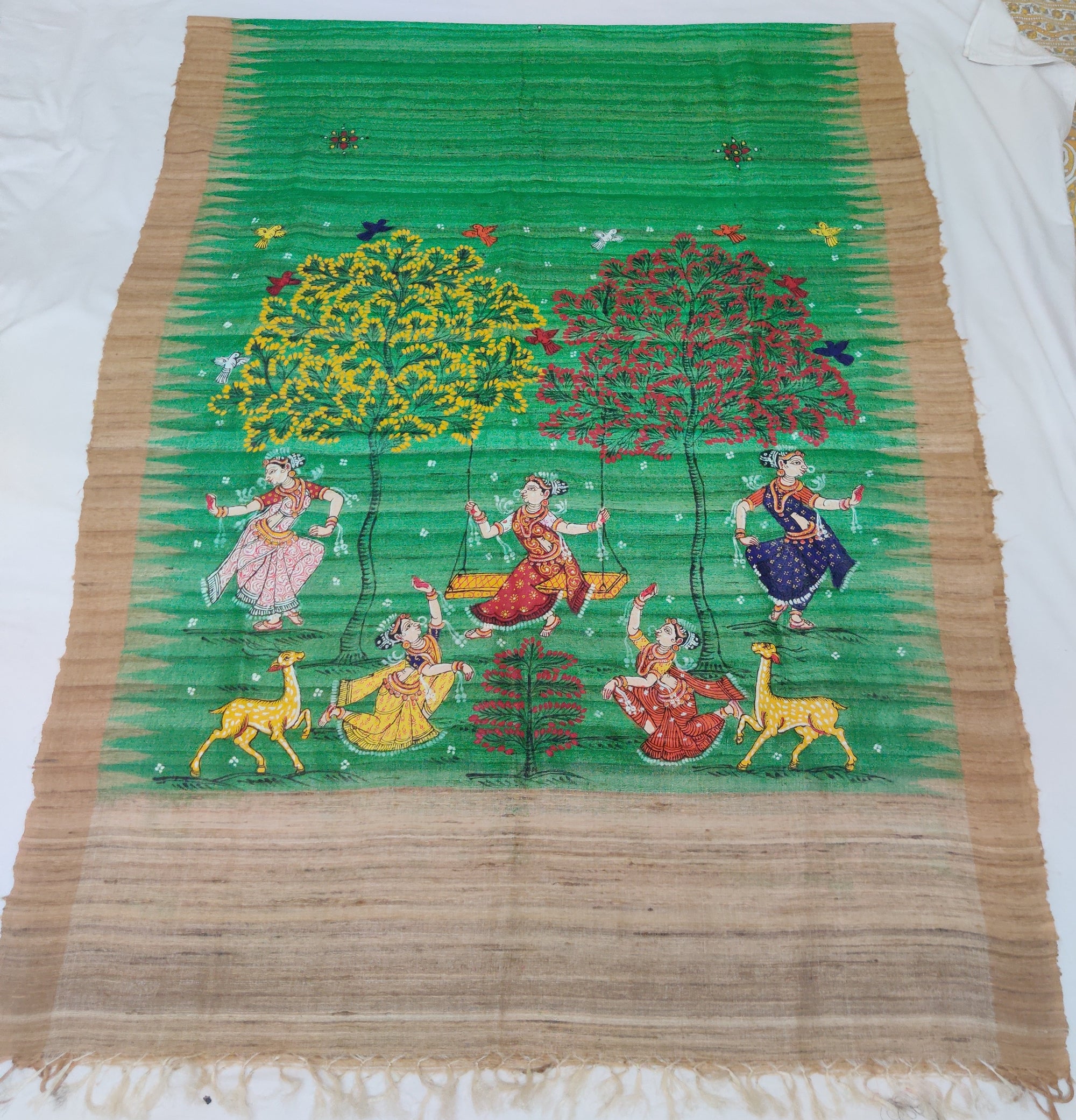 Green Tussar Silk Dupatta with handpainted Pattachitra Motifs